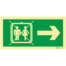 Sinal de emergncia sada  direita no usar o elevador - PVC Fotoluminescente - PVC Opaco - Vinil - Alumnio