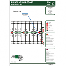 Planta de emergência de quarto com legendas e instruções gerais de segurança em português, inglês